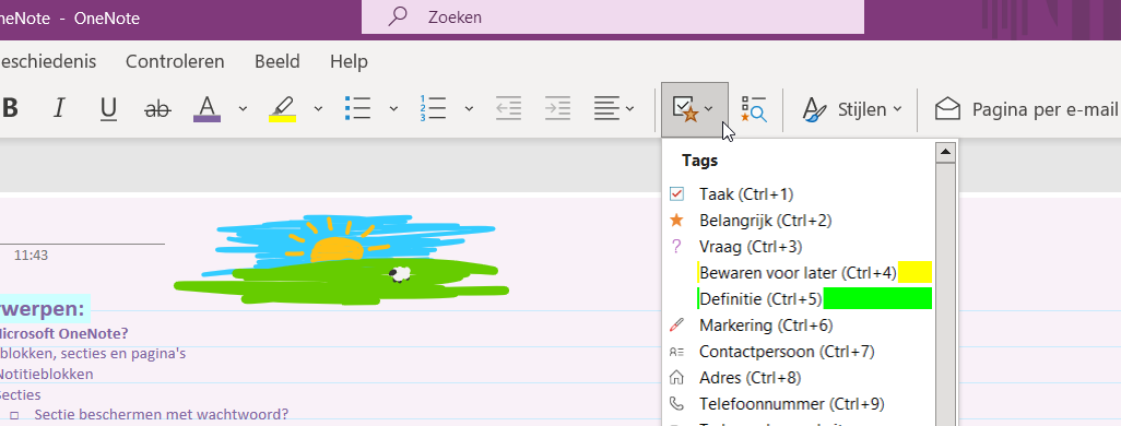 Tags vind je onder het icoon met de checkbox en ster, in het tabblad start.